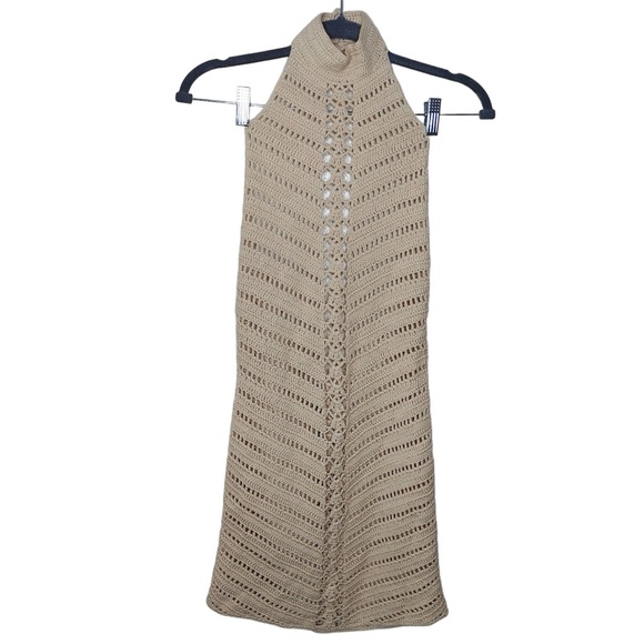 Camila Coelho Women’s XS Lyssa Hand Crochet Halter Mini Boho Dress in Sand - Picture 2 of 11
